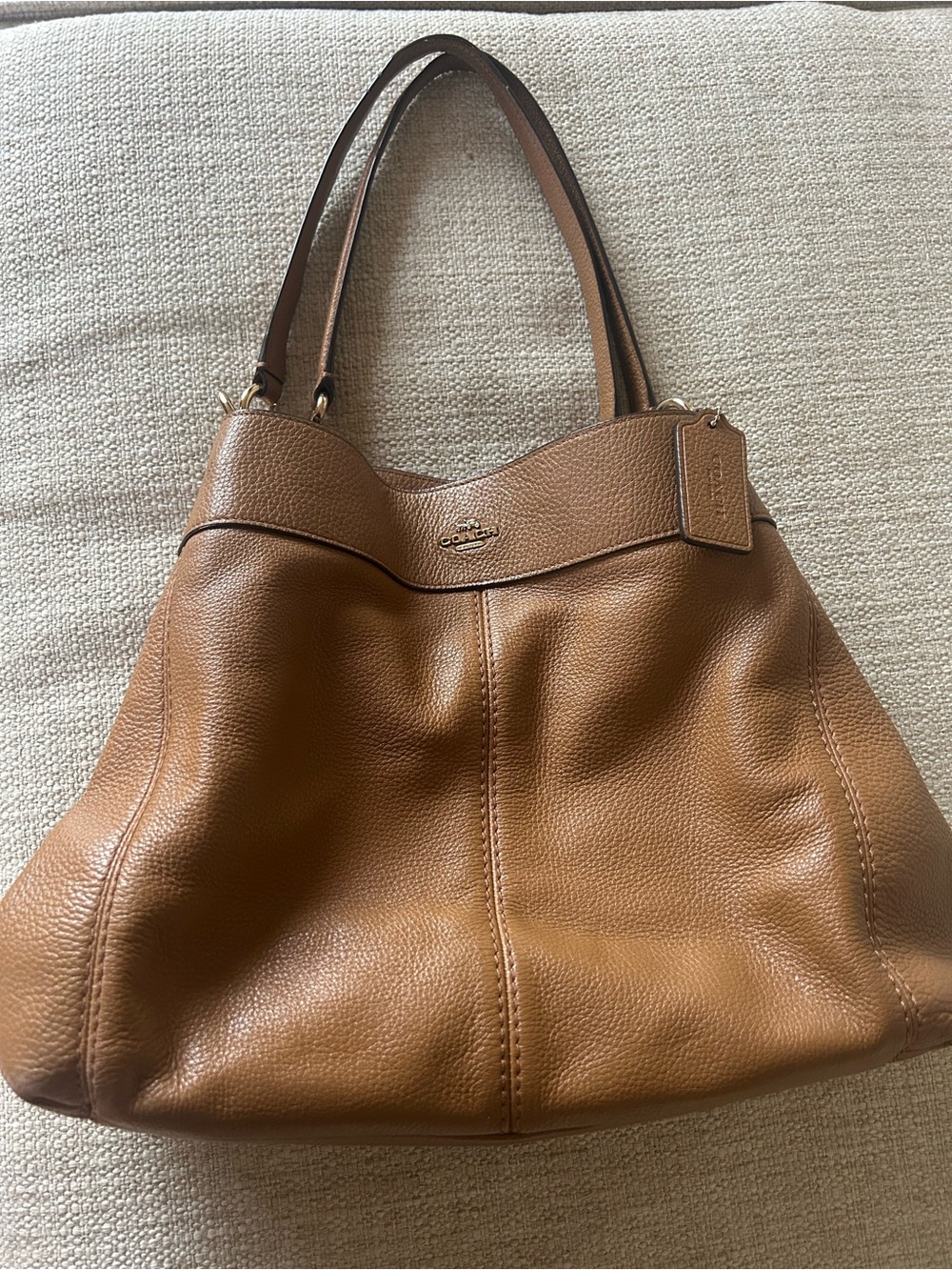 Coach Pebbled Leather Shoulder Tote in Saddle Brown